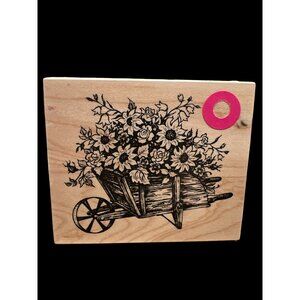 Vintage Wooden Wheelbarrow‎ of Wildflowers Rubber Mounted Stamp, Dated 1995